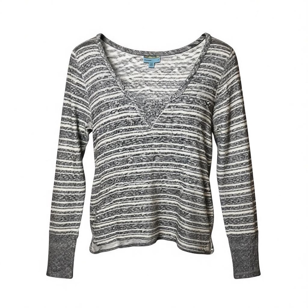 Hooded Boho Stripe Knit Top Beach Cover Gray Lightweight Pullover - Small